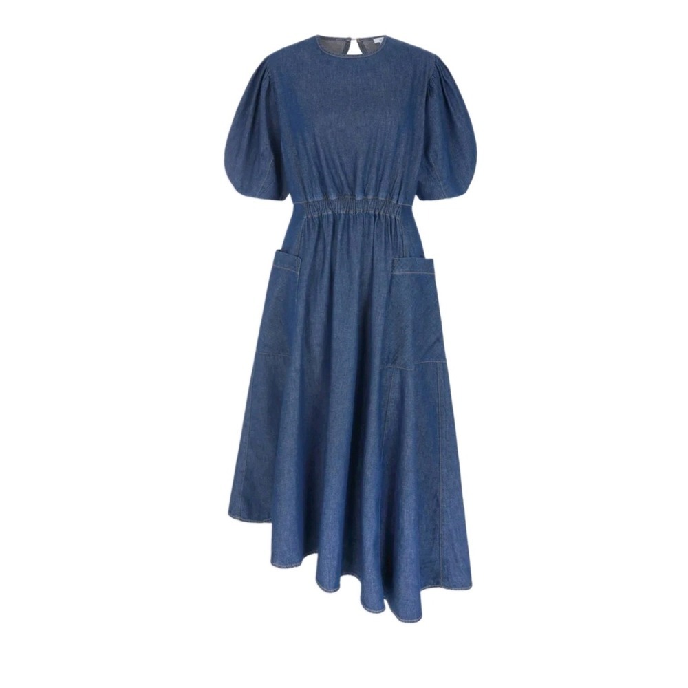 NWT ALIGNE Harlin Denim Midi Dress UK18 US14 Cotton Puff Sleeve Pockets Blue - Picture 2 of 14